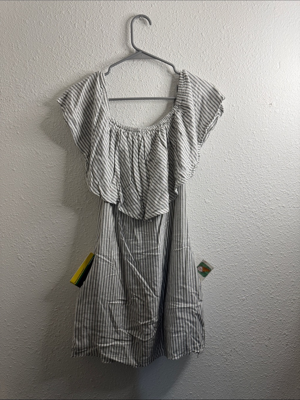 Wayf White and Gray Striped Off-Shoulder Mini Dress WITH POCKETS